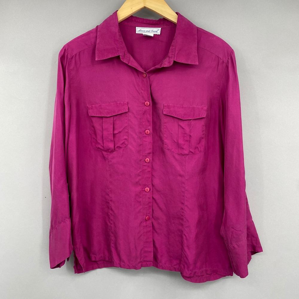 Vintage Anna and Frank Silk Button Down Shirt Womens Large Magenta Pink LS